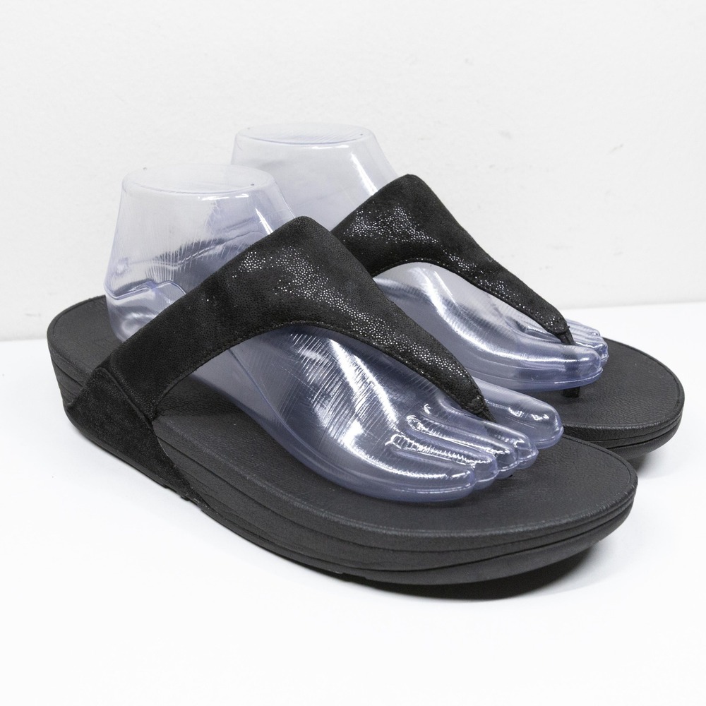 FITFLOP Lulu Shimmer Suede Thong Sandals Microwobbleboard Black C64-403 Sz 10